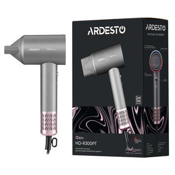 Фен Ardesto Pink Touch, 1600Вт, 2 швидкості, 3темп.режими, іонізація, дифузор, магнітні насадки, сірий+рожевий HD-R300PT фото