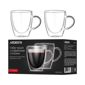 Набор чашек с ручками и двойными стенками Ardesto, 100мл, 2шт, боросиликатное стекло, прозрачный AR2610BH фото