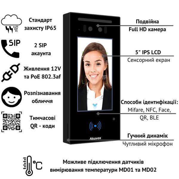 IP-панель виклику Akuvox E16C з біометричним терміналом розпізнавання облич (в масці), температури тіла та зчитувачем RFID карт 179851 фото