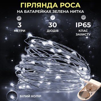 Світлодіодна гірлянда Роса 3 метри на батарейках 30 led нитка на зеленому дроті біла 30L3MGW 30L3MGW фото